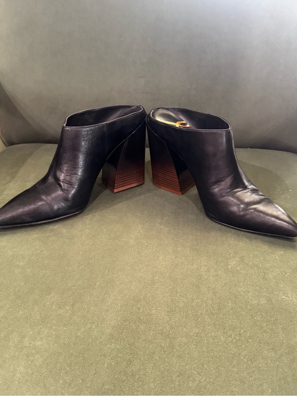 Sam Edelman Reverie Black Leather Pointed Toe Mule Heels Size 9M Block Heel